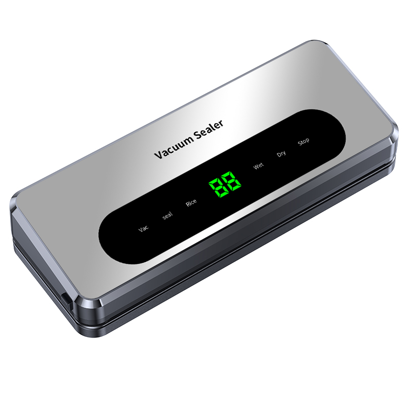 The home vacuum food sealer features a high-quality automatic touchscreen, equipped with a vacuum roll bag storage compartment and a bag cutter